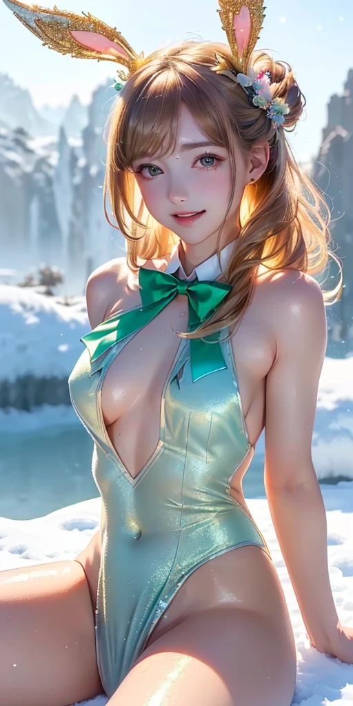 masterpiece, best quality, extremely detailed CG unity 8k wallpaper,((Upper Body)) ,((Upper Body head close-up shot of a beautiful loli girl)), , Elegant Long straight blonde hair, (Mckenna Grace), ((flat chest,thighs,Autoluminescence skin)),Transparent (brown-green) golden (Glittering tutu,long Bunny Ear Headgear, , Bow-tie, No panties, genitals visible), ((spread legs)),(), (Blush), , (seductive smile), (A world of ice and snow), pretty face, key art, award winning, intricate detail realism hdr, by (ruan jia and artgerm and range murata), Photorealism, Hyperrealism, ultra realistic, dramatic light, intense shadows, gorgeous view, depth of field