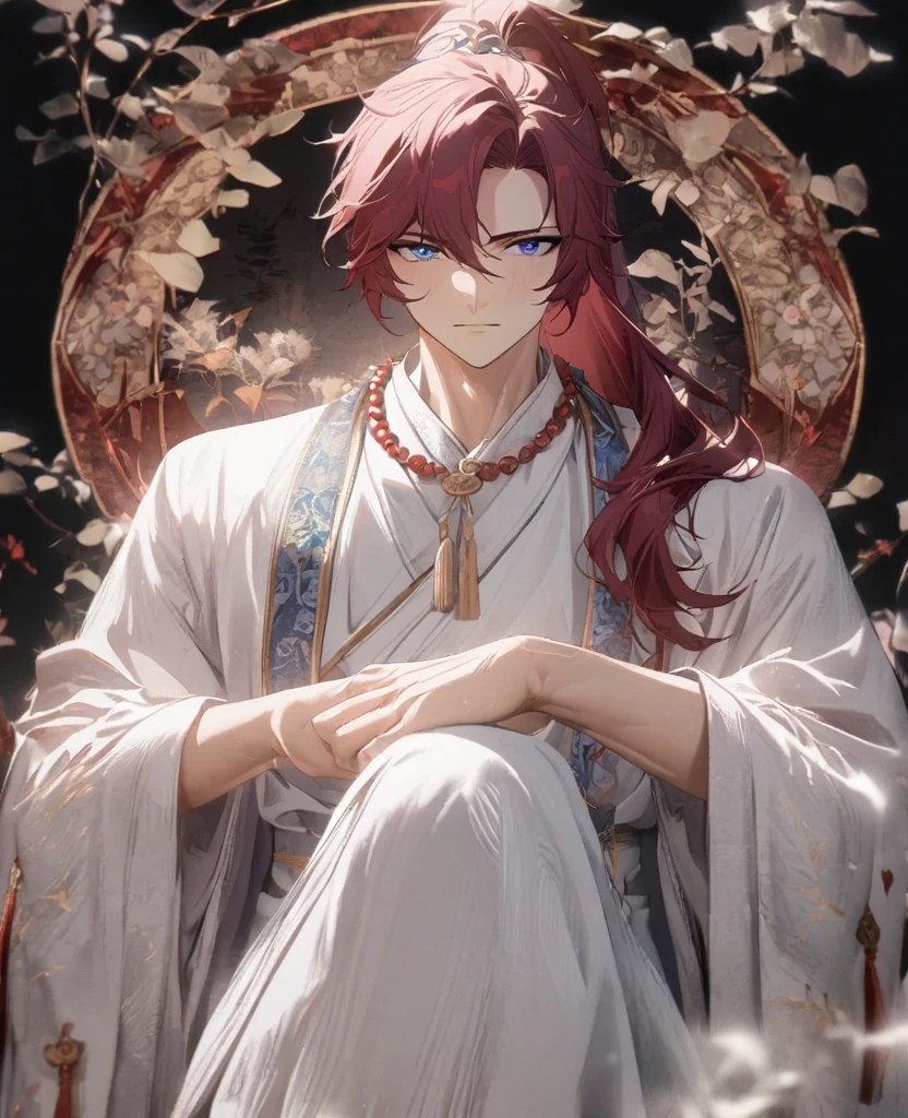 (1 boy:1.5), (burgundy color hair:1.2), (Beautiful Eyes), Detailed face, Graceful features, Dreamy Style, China_ High Ponytail, China_Hanfu, Taoist Robe, (Blue and white outfit:1.5), Ornate Robe, Towards the boots, Digital Art, White background, Simple Background, Gentle expression, Beaded Necklaces, Stand on your own two feet, Full Body Lesbian, Romanticism, Wandering Knight, 非常に美しいサイバーパンクDigital Artワーク, Male Focus, good looking, Heroic look, Adonis, Anime Style, Depth of written boundary, Textured skin, Attention to detail, high quality, 8K