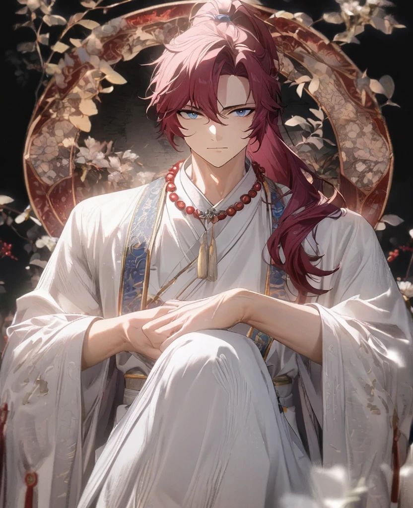 (1 boy:1.5), (burgundy color hair:1.2), (Beautiful Eyes), Detailed face, Graceful features, Dreamy Style, China_ High Ponytail, China_Hanfu, Taoist Robe, (Blue and white outfit:1.5), Ornate Robe, Towards the boots, Digital Art, White background, Simple Background, Gentle expression, Beaded Necklaces, Stand on your own two feet, Full Body Lesbian, Romanticism, Wandering Knight, 非常に美しいサイバーパンクDigital Artワーク, Male Focus, good looking, Heroic look, Adonis, Anime Style, Depth of written boundary, Textured skin, Attention to detail, high quality, 8K