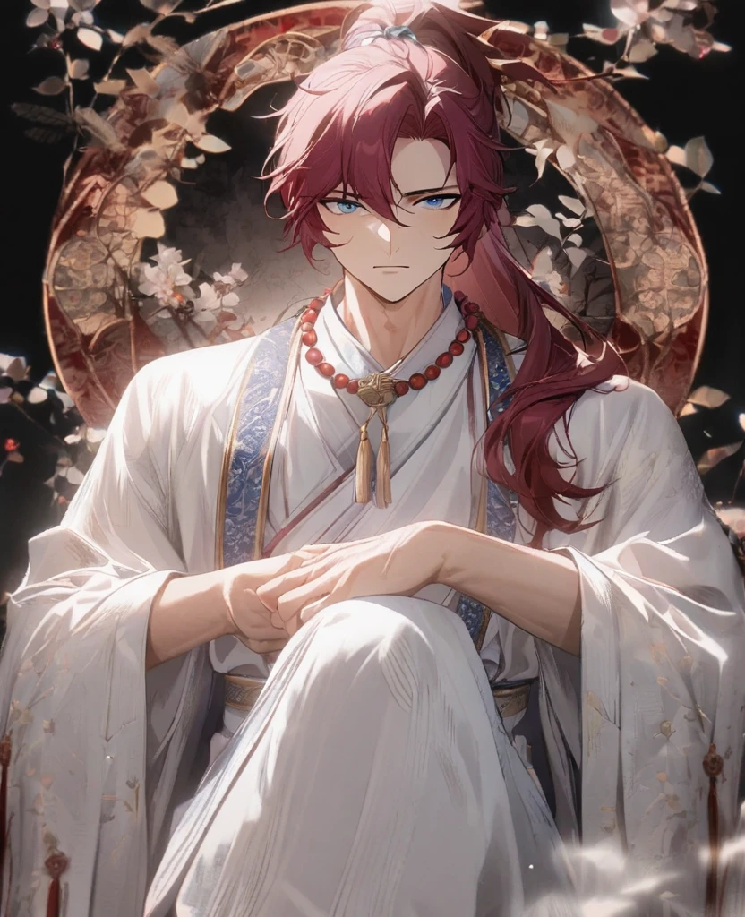 (1 boy:1.5), (burgundy color hair:1.2), (Beautiful Eyes), Detailed face, Graceful features, Dreamy Style, China_ High Ponytail, China_Hanfu, Taoist Robe, (Blue and white outfit:1.5), Ornate Robe, Towards the boots, Digital Art, White background, Simple Background, Gentle expression, Beaded Necklaces, Stand on your own two feet, Full Body Lesbian, Romanticism, Wandering Knight, 非常に美しいサイバーパンクDigital Artワーク, Male Focus, good looking, Heroic look, Adonis, Anime Style, Depth of written boundary, Textured skin, Attention to detail, high quality, 8K