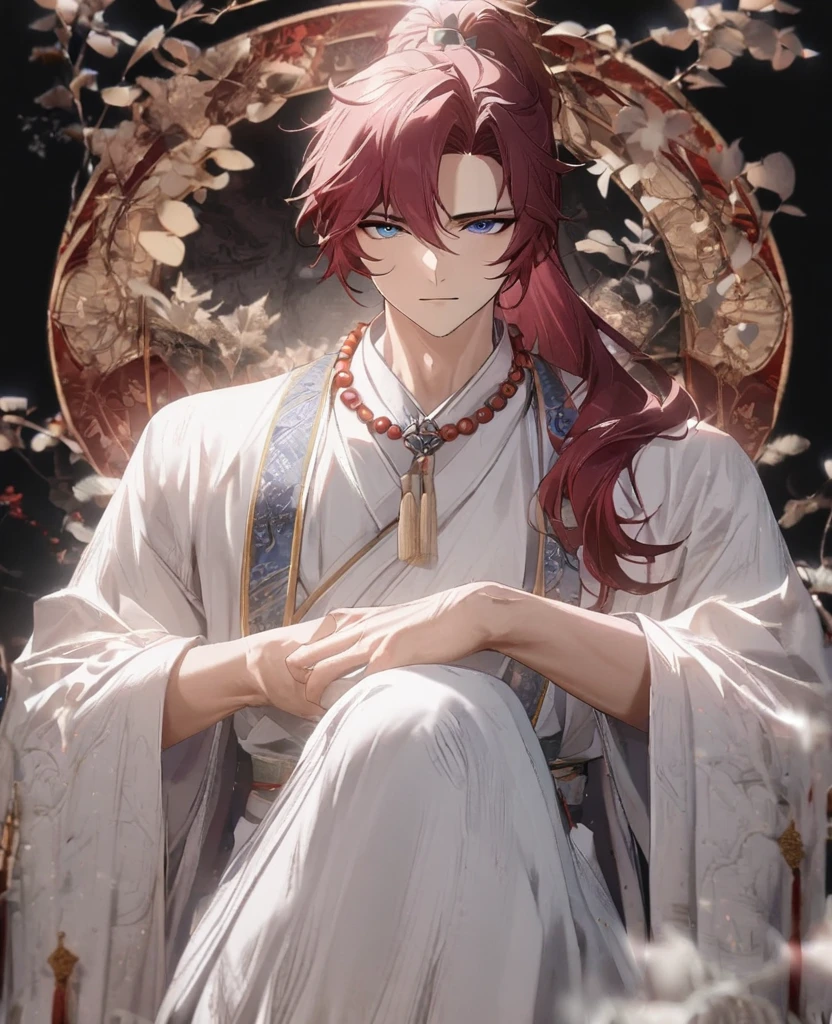 (1 boy:1.5), (burgundy color hair:1.2), (Beautiful Eyes), Detailed face, Graceful features, Dreamy Style, China_ High Ponytail, China_Hanfu, Taoist Robe, (Blue and white outfit:1.5), Ornate Robe, Towards the boots, Digital Art, White background, Simple Background, Gentle expression, Beaded Necklaces, Stand on your own two feet, Full Body Lesbian, Romanticism, Wandering Knight, 非常に美しいサイバーパンクDigital Artワーク, Male Focus, good looking, Heroic look, Adonis, Anime Style, Depth of written boundary, Textured skin, Attention to detail, high quality, 8K