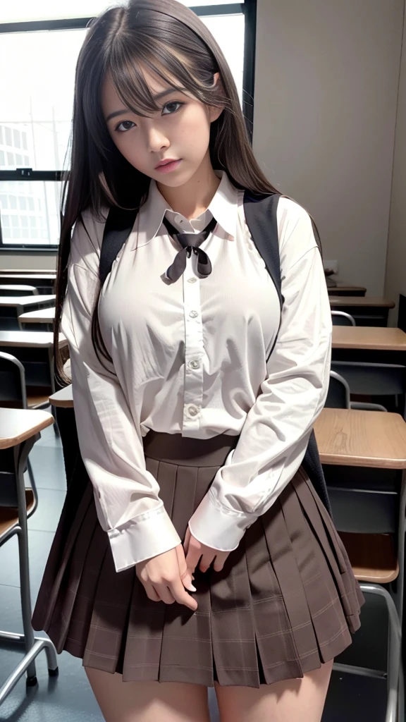 Ultra-detailed, master piece, (best quality:1.5), (high resolution:1.5), (beautiful eyes1.5), Physically Based Rendering, Long Brown Hair,1 Girl, Super Big Under Shirt, Thighs, Large Breasts, Staring At Camera, Face Focus, Slutty Look, Detailed Hands, Detailed Legs, (High School Girl:1.5), (Japanese High School Uniform:1.5), White Buttoned Collared Shirt, Ribbon, Plaid Skirt, Professional Photography, Film Lighting,(Dark Moody Lighting:1.5), Striking, Flawless Skin,(Moody Ambiance:1.5),(Erotic:1.5)(Sexy:1.5)(Evening:1.5), Empty School Classroom 16k
