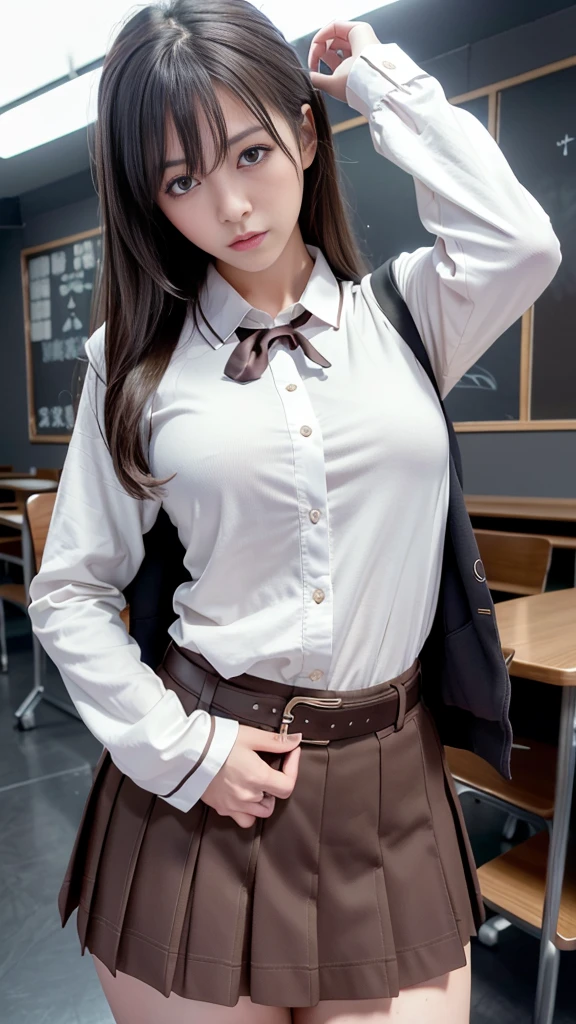Ultra-detailed, master piece, (best quality:1.5), (high resolution:1.5), (beautiful eyes1.5), Physically Based Rendering, Long Brown Hair,1 Girl, Super Big Under Shirt, Thighs, Large Breasts, Staring At Camera, Face Focus, Slutty Look, Detailed Hands, Detailed Legs, (High School Girl:1.5), (Japanese High School Uniform:1.5), White Buttoned Collared Shirt, Ribbon, Plaid Skirt, Professional Photography, Film Lighting,(Dark Moody Lighting:1.5), Striking, Flawless Skin,(Moody Ambiance:1.5),(Erotic:1.5)(Sexy:1.5)(Evening:1.5), Empty School Classroom 16k
