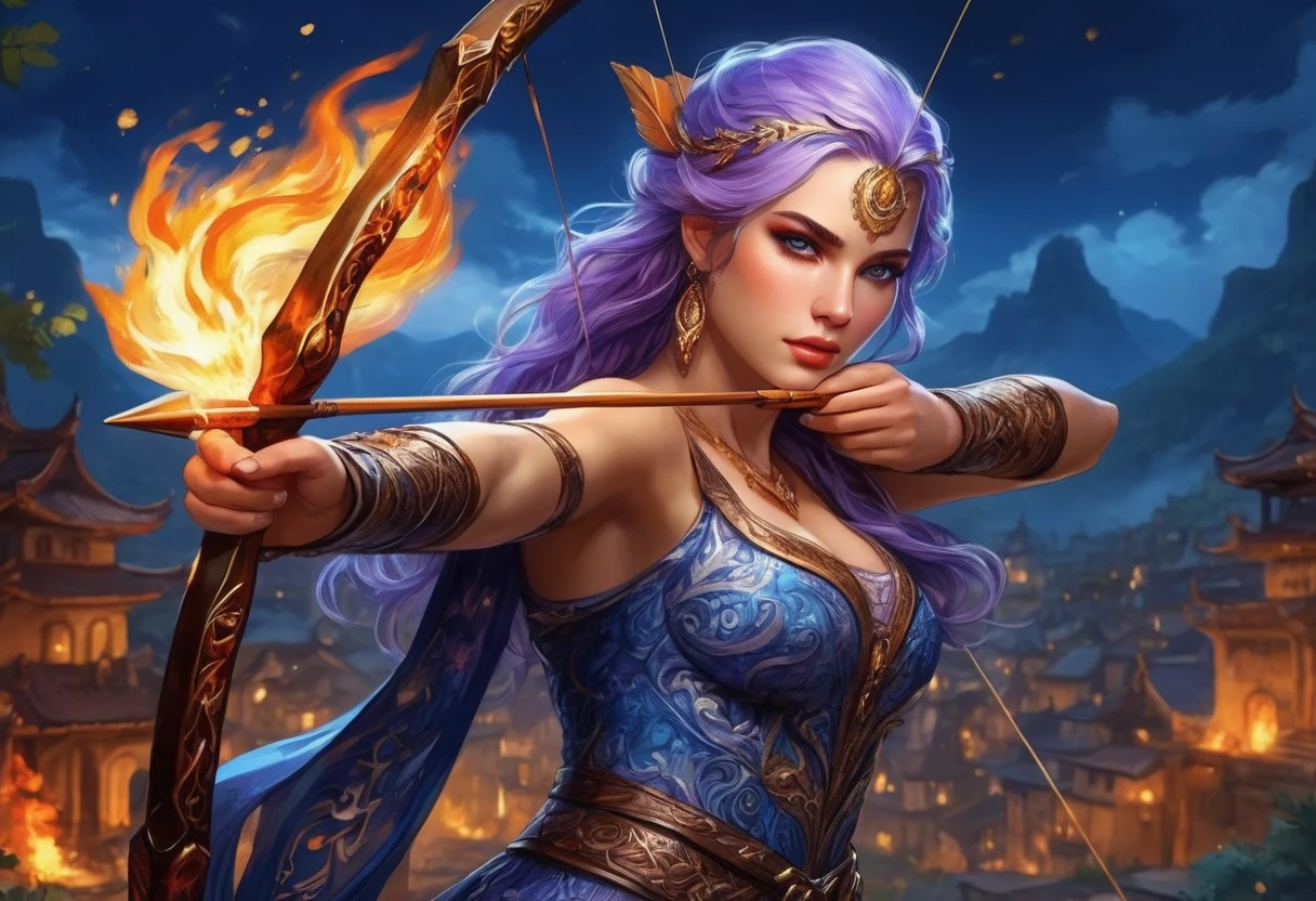 a picture of fire sorceress firing a flaming arrow from a magnificent epic bow, an (elite glamour beautiful: 1.2), fire sorceress, ultra detailed face,  perfect face, blue hair, long hair, wavy hair, wearing wild glamour dress, intricate dress, purple dress , with fire patterns on it, aiming an epic bow with a flaming arrow,  dynamic bow, sting drawn to the cheek , arrow ready to be shot, dynamic bow, sting drawn to the cheek , arrow ready to be shot, it is night, moon light, starry night, cloudy night,  high details, best quality, 16k, [ultra detailed], masterpiece, best quality, (extremely detailed), dynamic angle, full body shot, fantasy urban street at night bacground,  ,faize, firing and arrow, bow (weapon)