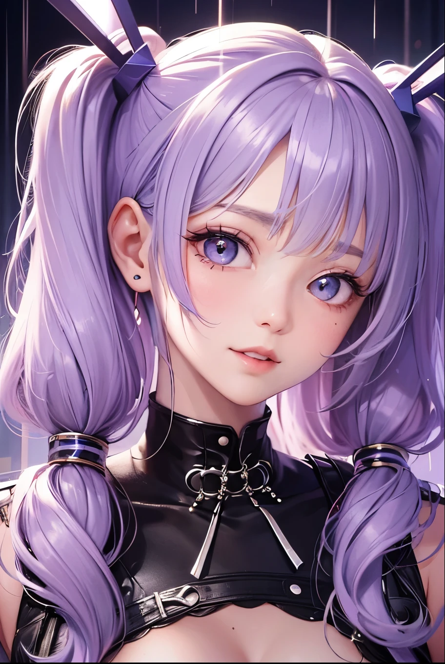masterpiece, best quality, highly detailed, high resolution, expensive resolution, high resolution, 4k, 8k, uniform 8k wallpaper, highly detailed CG, masterpiece, 2d, 3d, beautiful details, depth, fine texture, best quality: 1.3, perfectly focused, sharp. skin, him, very cute anime girl, her name is Mei, short pigtails, idol, in the rain, expensive pink short pigtails, mole under eye, looking at the viewer, expensive, blush, mole, open lips, pink eyes, heart shaped choker, smiling face