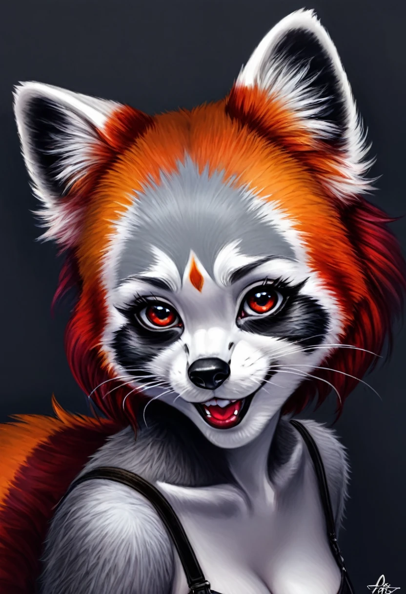 Create an illustrated, hand-drawn, full-color image of an anthropomorphic red panda women. The artwork should be rendered in the style of "Breath of the Wild," featuring warm lighting and shadows. Include graphite shading, stencil marks, and airbrushed acrylic paint effects. The image should be of the highest quality, a masterpiece with intricate details. The red panda women should have a female, humanoid, furry appearance with grey skin. She should have luscious lips, a wide smile, and bright, expressive eyes, exuding beauty, cuteness, and adorableness. Ensure the image is high resolution and sharply detailed, with a detailed and vibrant background. Incorporate mystical lighting in the background, creating a romantic and enchanting atmosphere.
