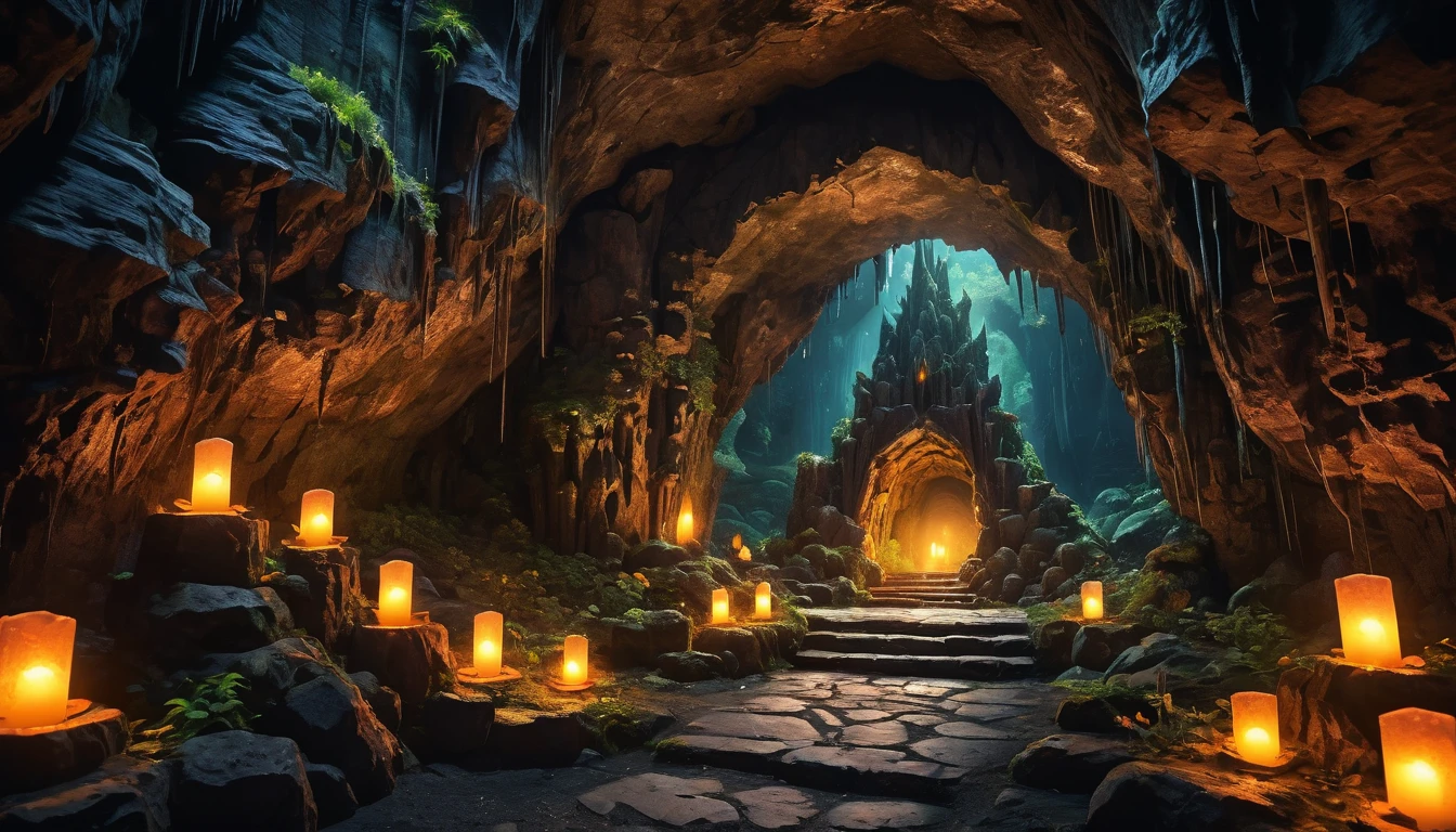 (anime, fantasy), (best quality, high resolution, depth of filed, HDR:1.2), (cave, stalagmite, stalagtite, goblin liar, small tunnel, isolated tunnel, dark tunnel: 1.5,), no candle, no torch, no fire, vibrant colors, spooky, enchanted, goblin totem, black magic atmosphere, extremely detailed, intricate, delicate, dark fantasy, bokeh, cinematic lighting, 8k, high quality