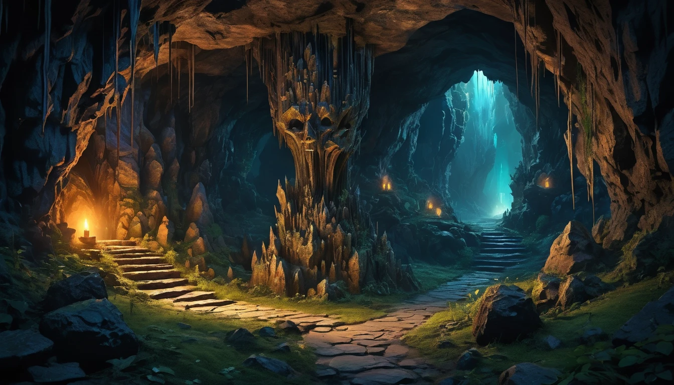 (anime, fantasy), (best quality, high resolution, depth of filed, HDR:1.2), (cave, stalagmite, stalagtite, goblin liar, small tunnel, isolated tunnel, dark tunnel: 1.5,), no candle, no torch, no fire, vibrant colors, spooky, enchanted, goblin totem, black magic atmosphere, extremely detailed, intricate, delicate, dark fantasy, bokeh, cinematic lighting, 8k, high quality