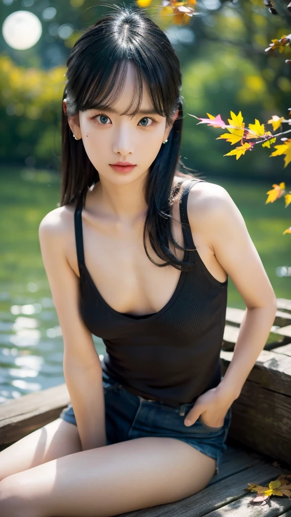 tanktop, black thong, SMALL BREAST, sexy pose, model pose, earring, AUTUMN park, colorful trees, lakeside, sitting, moonlight, windy, hair flying, night, extremely detailed eyes, extremely detailed face, best quality, extremely detailed, one person, one girl, ultra-detailed, (realistic, photo-realistic:1.3)