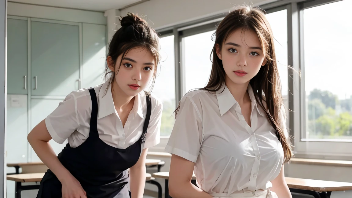 deux femmes ensemble de 18 ans sexy et mince , short sleeve uniforme école, salle de classe, se touche,position sey,sensuel