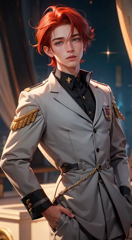 25 YEAR OLD BOY, male, shoulder-length red hair, gray eyes, gray eyes, freckles on the face, Magic Academy uniform dress