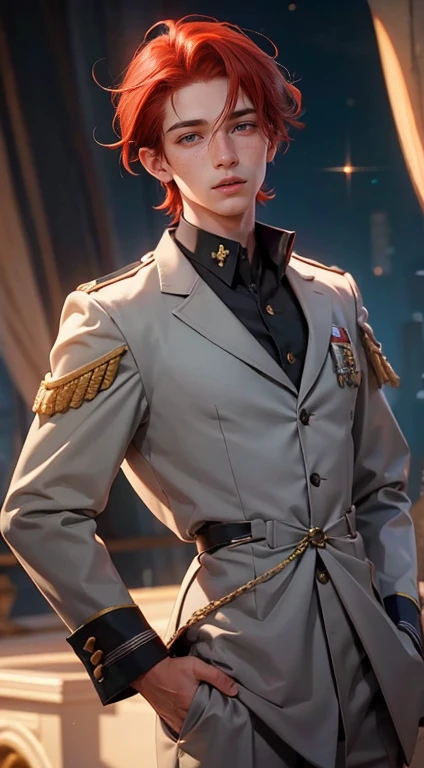 25 YEAR OLD BOY, male, shoulder-length red hair, gray eyes, gray eyes, freckles on the face, Magic Academy uniform dress