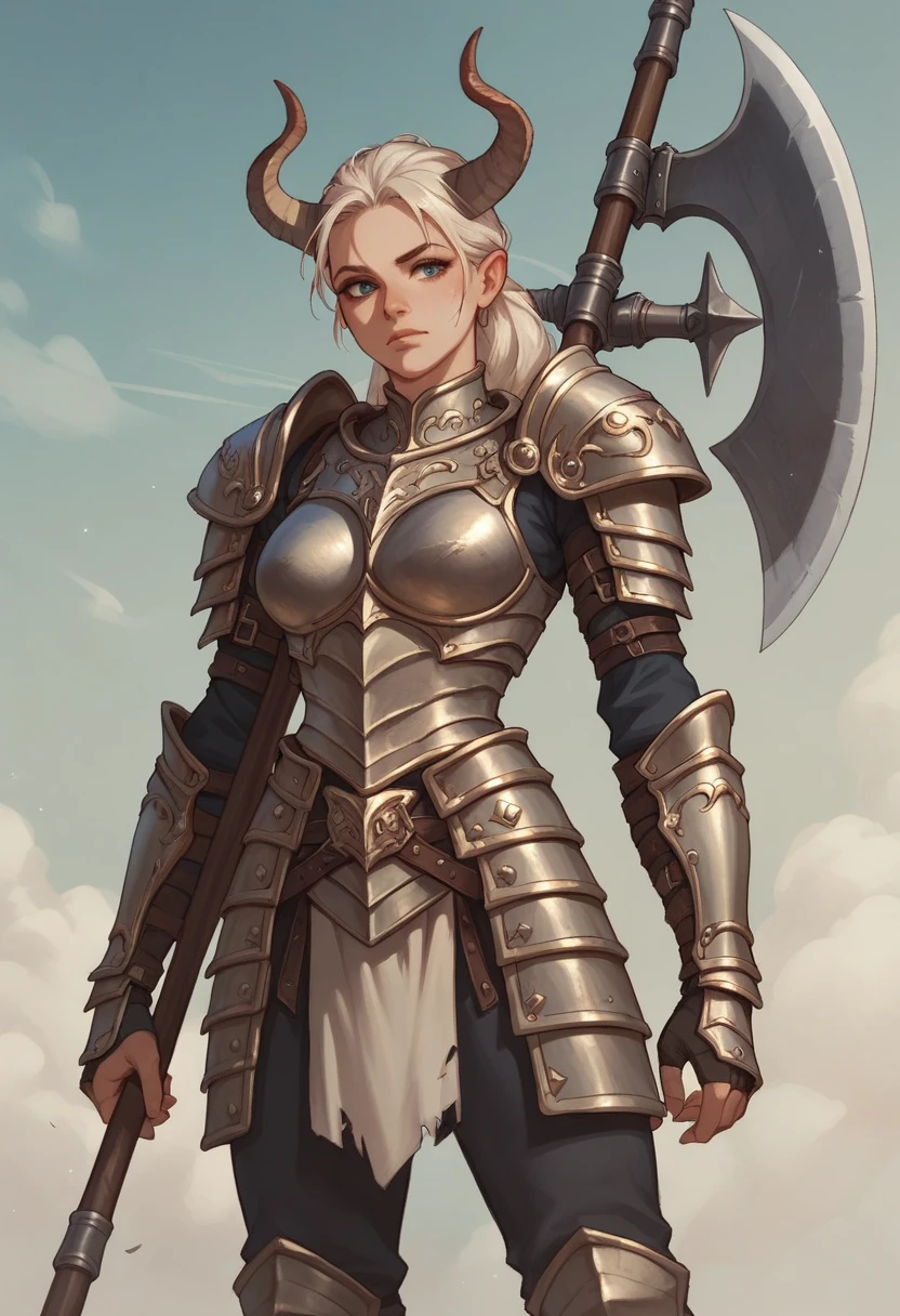 Girl holding an axe，Hart neckline，armor，Waist armor