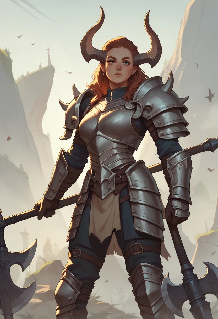 Girl holding an axe，Hart neckline，armor，Waist armor