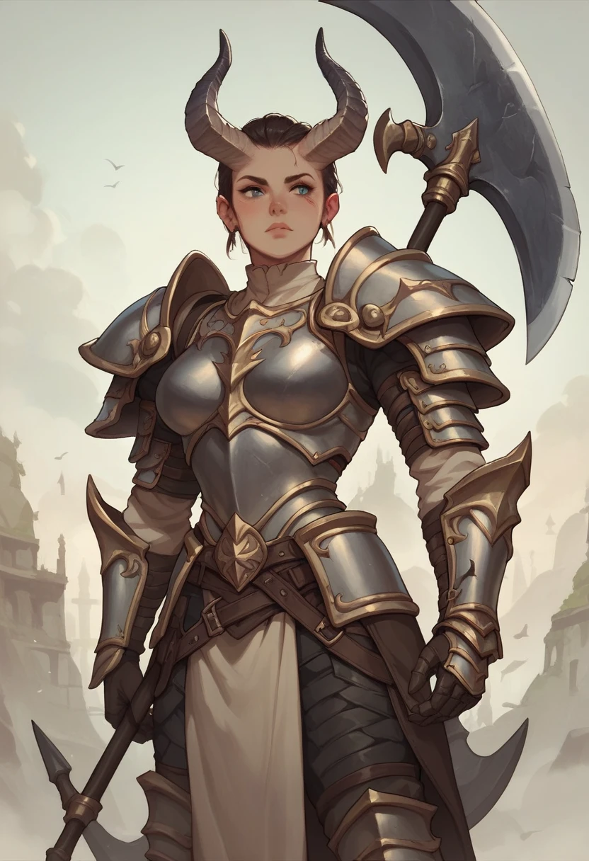 Girl holding an axe，Hart neckline，armor，Waist armor