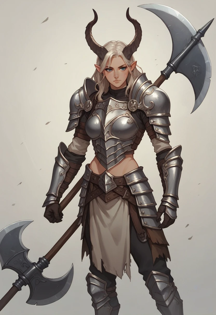 Girl holding an axe，Hart neckline，armor，Waist armor