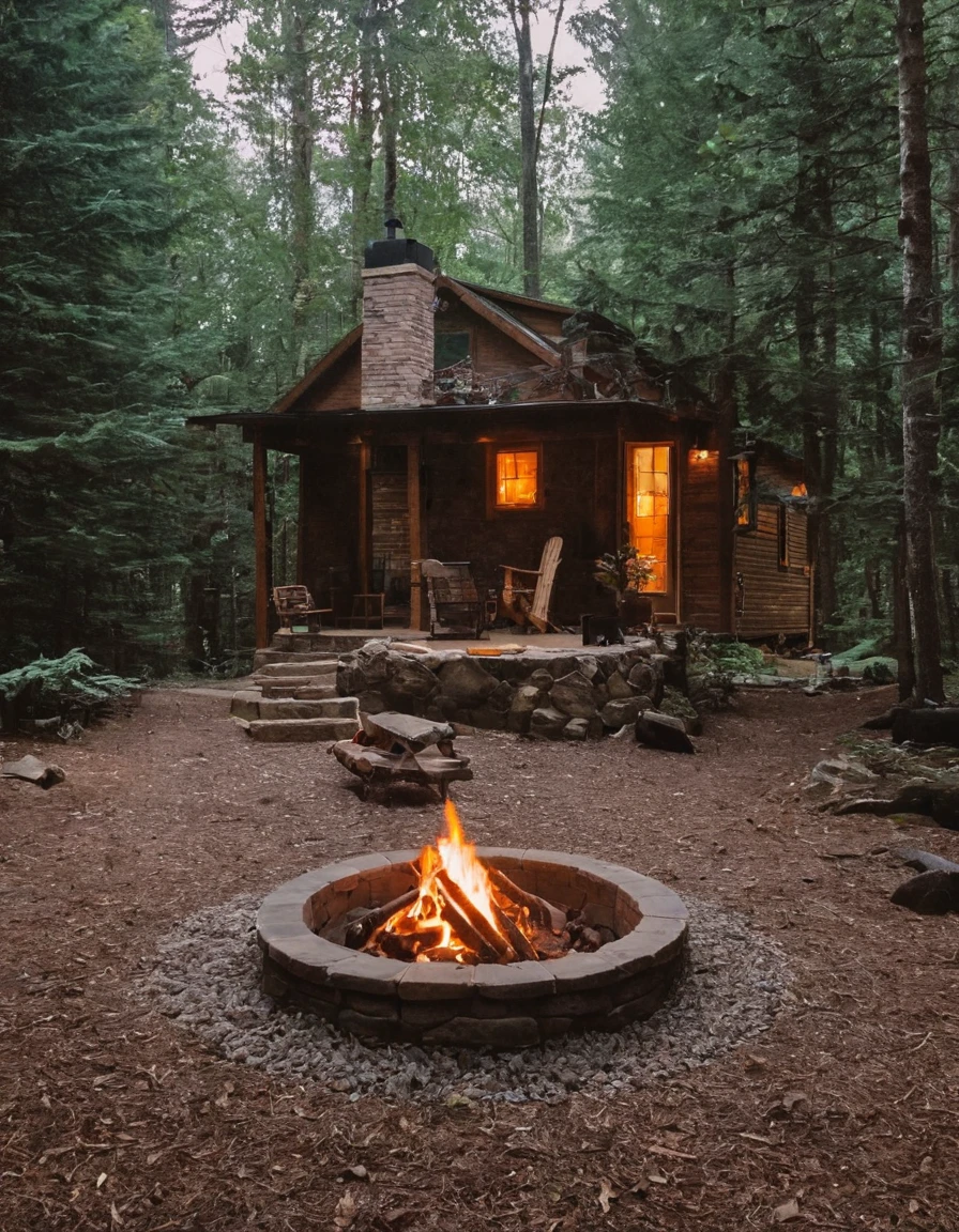 a small cabin with a fire pit in the woods, cottagecore, cottagecore hippie, cottagecore!!, cottage in the woods, cozy place, cottage in the forest, cabin in the woods, house in forest, nestled in a forest, cozy setting, cottage hippie naturalist, a brick cabin in the woods, cozy environment