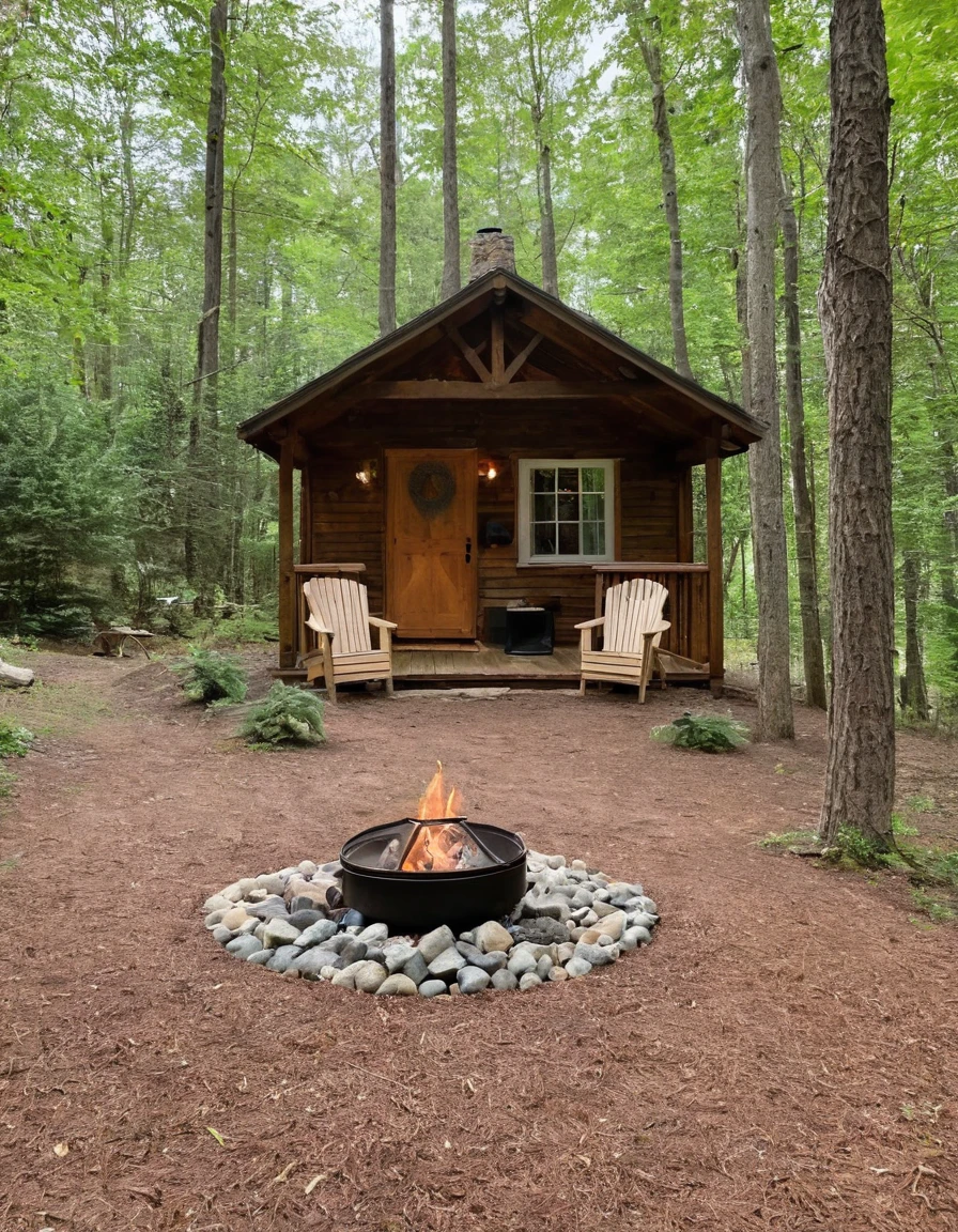 a small cabin with a fire pit in the woods, cottagecore, cottagecore hippie, cottagecore!!, cottage in the woods, cozy place, cottage in the forest, cabin in the woods, house in forest, nestled in a forest, cozy setting, cottage hippie naturalist, a brick cabin in the woods, cozy environment