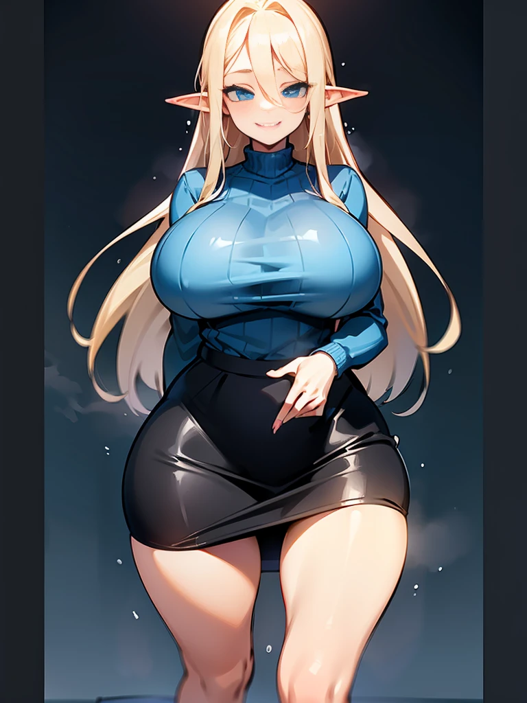 young elf girl, blue eyes, blue Pullover, black long skirt, whole body to see, smiled, excited, moans, blond long hair, sexy pose, big breasts, wide hips