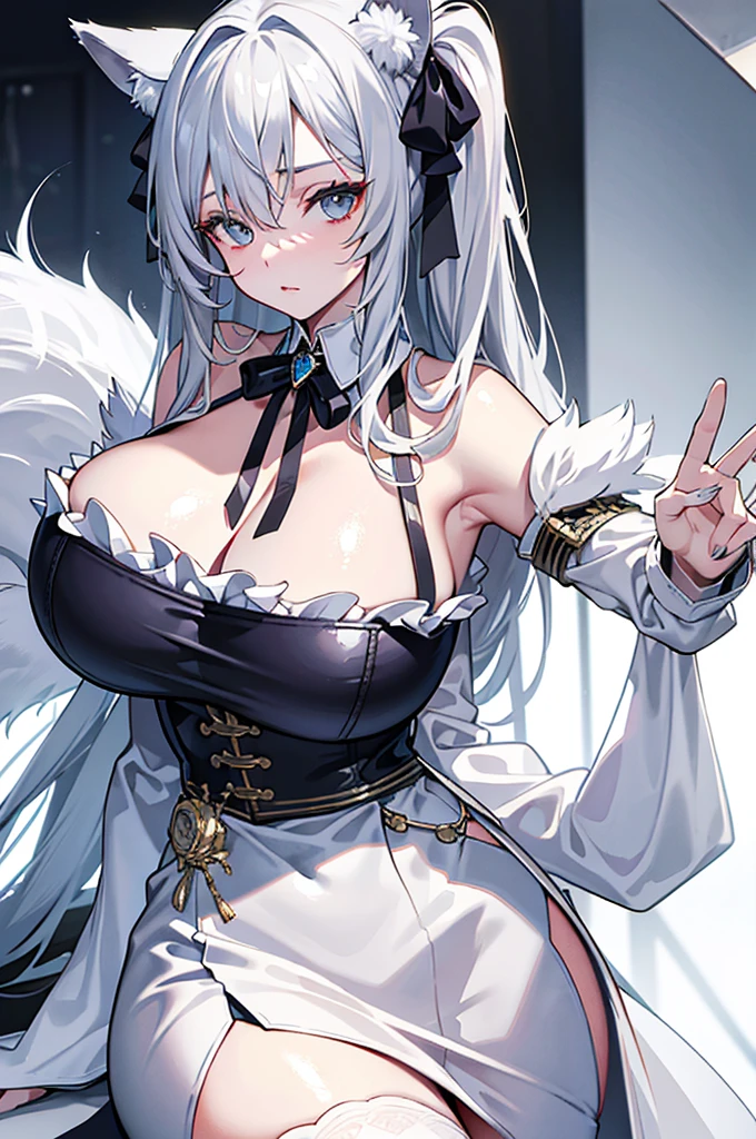 best qualtiy，tmasterpiece，The is very detailed，4K，Gray hair and shallow eyes，Drag cool expressions，Wolf ears，Erect scar on the left eye，British style，1girl，Absolutely beautiful, huge breasts, white costume, ear ribbon