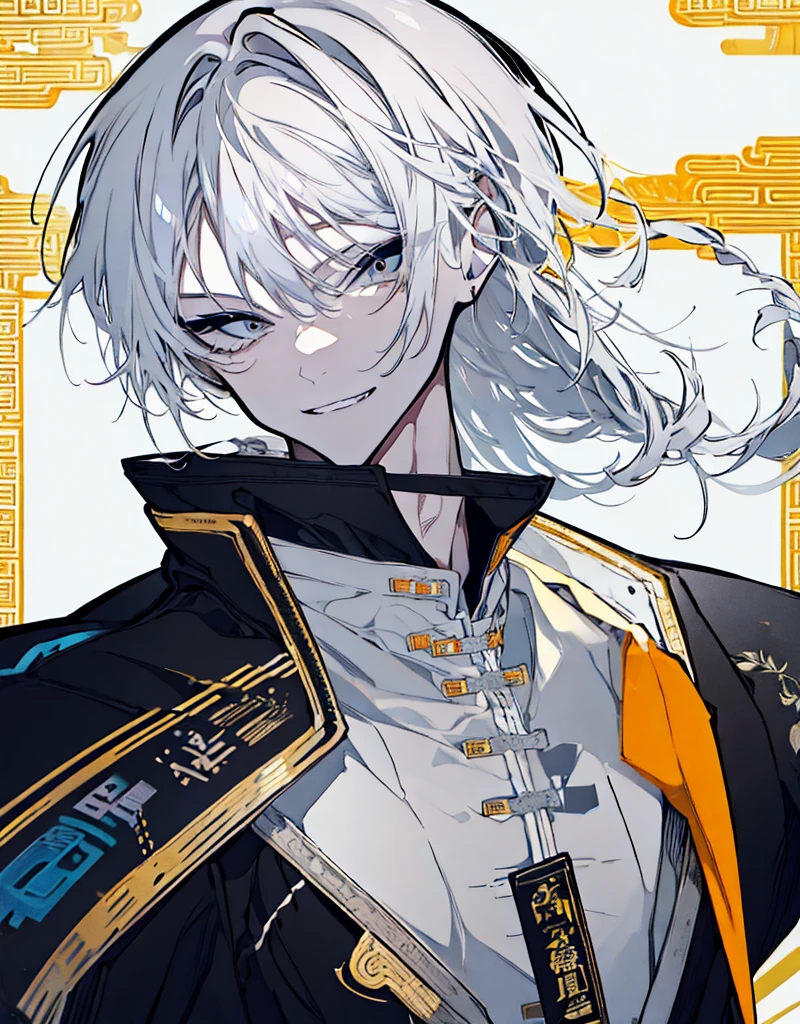 High resolution　male　Character portrait　whole body　White background　Close ~ eyes　Suspicious Laughter　Lift the corners of your mouth　tall　Silver Hair　Yellow Eyes　Chinese style black clothes　Wear sunglasses　smile　Putting a cigarette in your mouth　Double teeth　Grinning face
