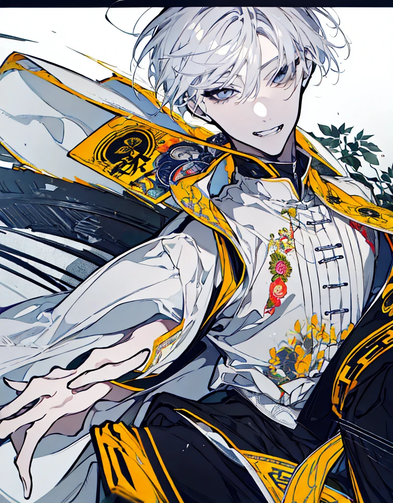 High resolution　male　Character portrait　whole body　White background　Close ~ eyes　Suspicious Laughter　Lift the corners of your mouth　tall　Silver Hair　Yellow Eyes　Chinese style black clothes　Wear sunglasses　smile　Putting a cigarette in your mouth　Double teeth　Grinning face
