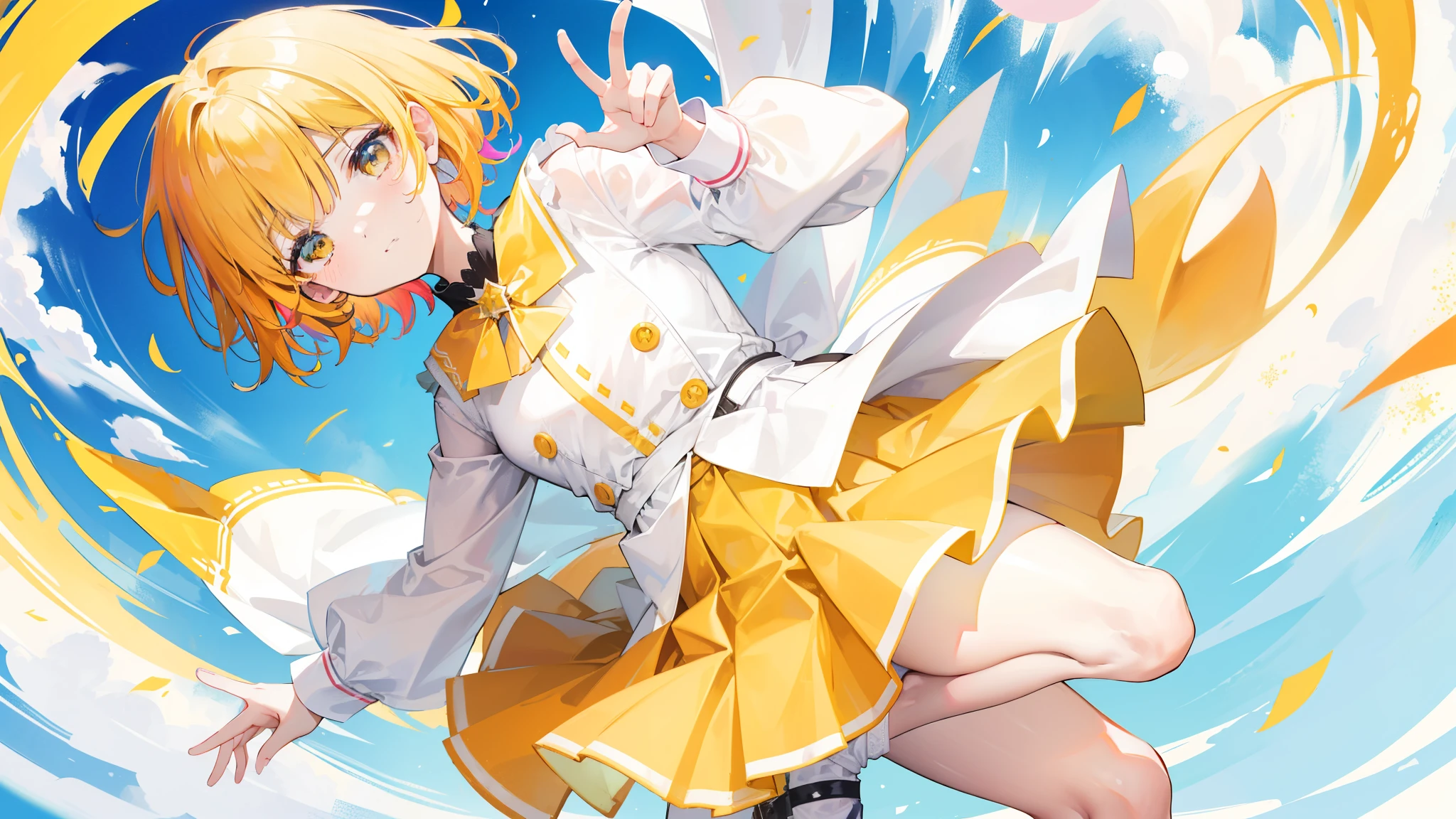 Colorful and colorful short hair,Wearing a yellow apricot colored JK uniform and a white pleated skirt,knee-length white silk,Dignified and cute,A little sweet,Five Fingers,Firm fingers,A strong hand