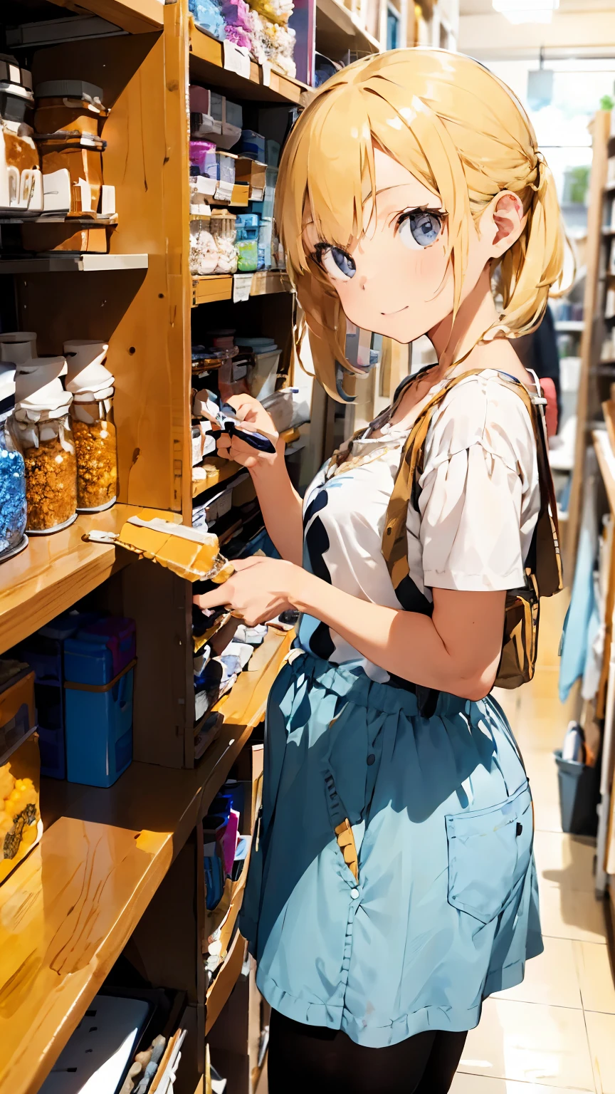 A blonde girl is making a cream glue phone case using a cream glue tool，Behind is her shelf，Finished mobile phone cases are stacked on the shelves，Pendant peripherals，Things made with butter glue are three-dimensional, cute and colorful handicrafts.，The girl's workbench is filled with tools for crafting，There are also various colors of cream glue，The shape of the cream hose is similar to the cream cone barrel we use when DIYing cakes.，There should be a lot of tools on the girl's workbench.，In the middle should be placed a phone case being made， 