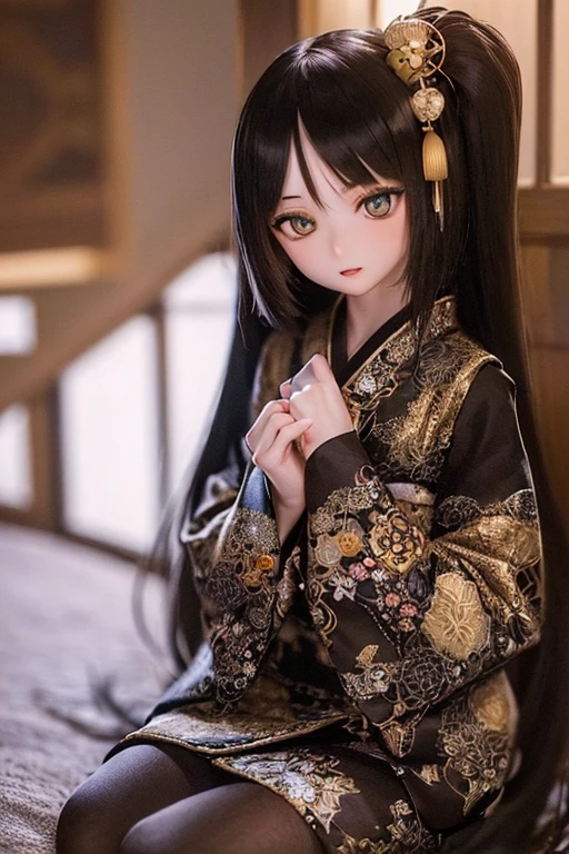 photorealistic, realistic photo, ((highest quality)), ((masterpiece)), (extremely detailed), kukolnydom, doll, (mature woman, 22yo, 22 years old:1.6), solo, ((full body, seiza, skinny, slender, slim, parted lips)), green eyes, almond eyes, (black hair, long hair, looking at another, blank eyes, empty eyes, detailed eyes, detailed face:1.3), long kimono, hair ornament, Japanese room, 8k