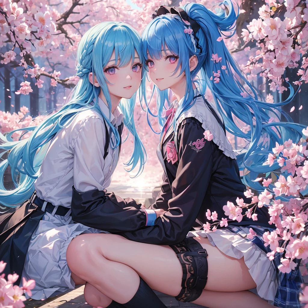 Sky blue hair, (Braided Ponytail),(Pink Eyes),Fair skin ,whole body,(1 Girl),Smile,spring, cherry blossoms, Knee-high socks for school, blazer, Straight bangs,(masterpiece, Highest quality, Super detailed, Best Shadow), (Detailed Background), (Beautifully detailed face), High Contrast, (Best lighting, Very delicate and beautiful), ((Cinematic Light)), colorful, Hyper Detail, Dramatic Light, Intricate details,sunshine,Leaning forward,