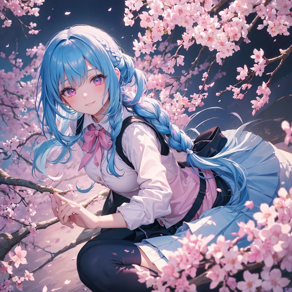 Sky blue hair, (Braided Ponytail),(Pink Eyes),Fair skin ,whole body,(1 Girl),Smile,spring, cherry blossoms, Knee-high socks for school, blazer, Straight bangs,(masterpiece, Highest quality, Super detailed, Best Shadow), (Detailed Background), (Beautifully detailed face), High Contrast, (Best lighting, Very delicate and beautiful), ((Cinematic Light)), colorful, Hyper Detail, Dramatic Light, Intricate details,sunshine,Leaning forward,