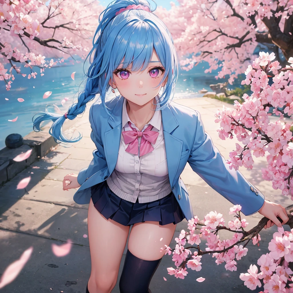 Sky blue hair, (Braided Ponytail),(Pink Eyes),Fair skin ,whole body,(1 Girl),Smile,spring, cherry blossoms, Knee-high socks for school, blazer, Straight bangs,(masterpiece, Highest quality, Super detailed, Best Shadow), (Detailed Background), (Beautifully detailed face), High Contrast, (Best lighting, Very delicate and beautiful), ((Cinematic Light)), colorful, Hyper Detail, Dramatic Light, Intricate details,sunshine,Leaning forward,