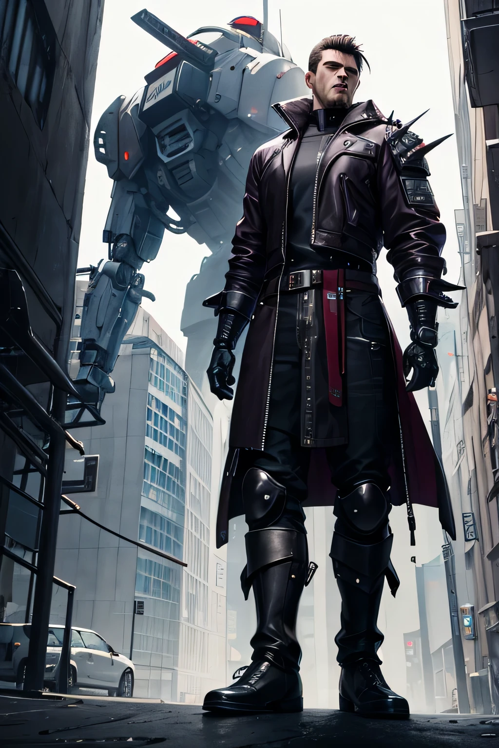 Male1,Armor,cyberpunk,robot model,purple,Anime,Looks cool.,aggressive,furious,scary,Male1cyberpunk,Standing in a pretentious, dynamic style,