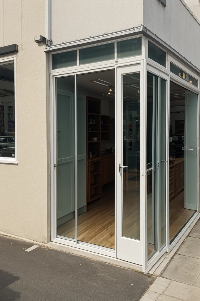 Outside photo of the shop which is in the 90° angle of the building with seamless glass partition and a glass door