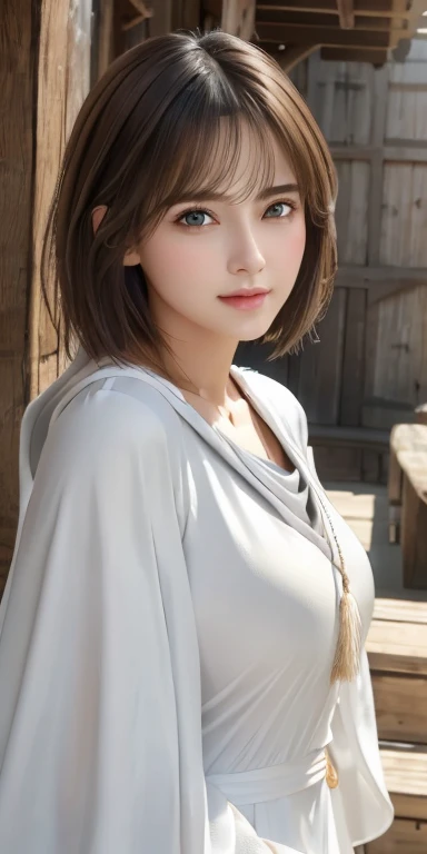 Photorealistic、highest quality、Highest quality、masterpiece、Ultra-high resolution、Raw photo、Realistic、Bright lighting、Face Light、Smooth Professional Lighting、Looking at the camera、alone、Adult women、Beautiful woman、Super Beauty、Realistic肌、Moisturized Skin、Realistic eyes and faces、Perfect model body shape、Beautiful Eyes、Big eyes、Inconspicuous tear bags、slim、Medium sized big breasts、Beautiful fingers、Very short hair、Black Hair、black eye、seems to be happy、Cowboy Shot、(Both ears are hidden in the hair)、(((White Wizard)))、Fantasy World、Medieval Europe、wilderness