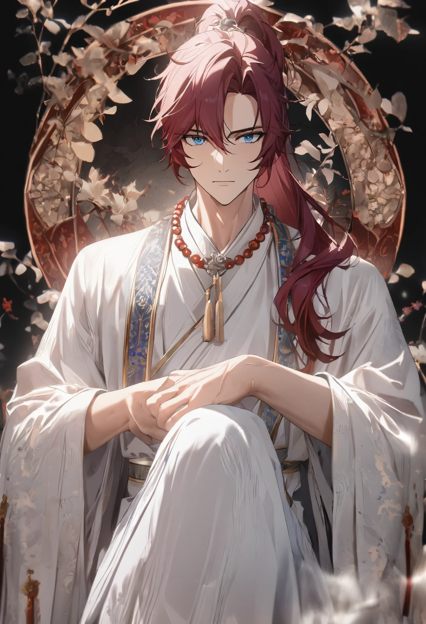 (1 boy:1.5), (burgundy color hair:1.2), (Beautiful Eyes), Detailed face, Graceful features, Dreamy Style, China_ High Ponytail, China_Hanfu, Taoist Robe, (Blue and white outfit:1.5), Ornate Robe, Towards the boots, Digital Art, White background, Simple Background, Gentle expression, Beaded Necklaces, Stand on your own two feet, Full Body Lesbian, Romanticism, Wandering Knight, 非常に美しいサイバーパンクDigital Artワーク, Male Focus, good looking, Heroic look, Adonis, Anime Style, Depth of written boundary, Textured skin, Attention to detail, high quality, 8K