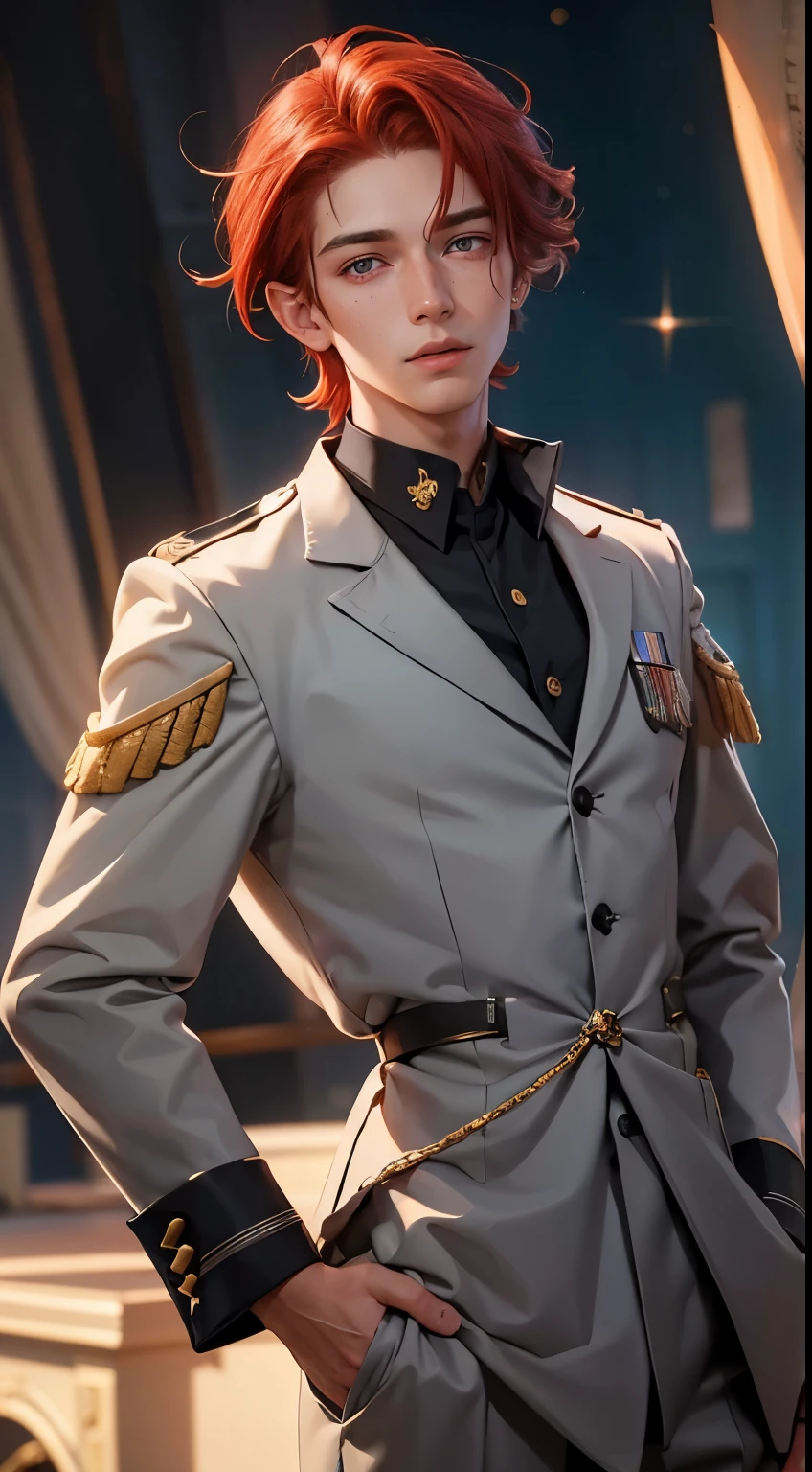 25 YEAR OLD BOY, male, shoulder-length red hair, gray eyes, gray eyes, freckles on the face, Magic Academy uniform dress
