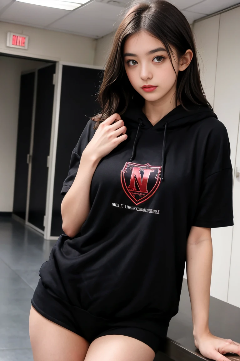 deux femmes ensemble de 18 ans sexy et mince , black short sleeve hoodie , salle de classe, se touche,position sey,sensuel