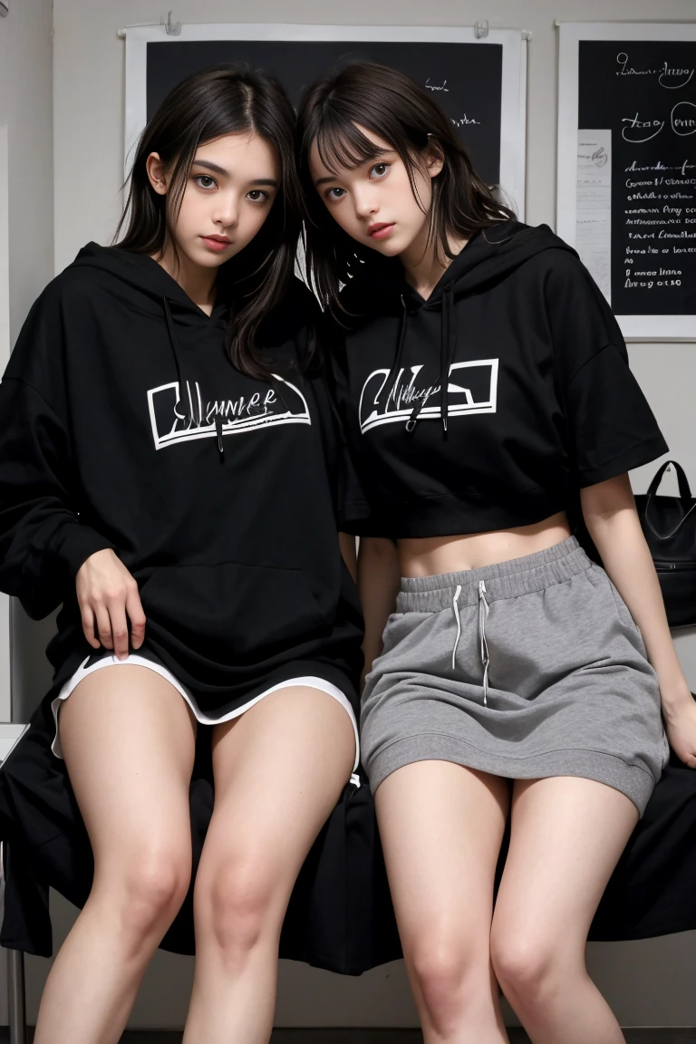 deux femmes ensemble de 18 ans sexy et mince , black short sleeve hoodie , salle de classe, se touche,position sey,sensuel