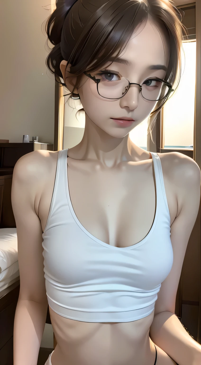 Highest quality, RAW Photos, Realistic, face, Incredibly beautiful girl, cute, length Hair,ponytail，Glasses，Written boundary depth, High resolution, 超detailed, detailed, Very detaileded, extremely detaileded eye and face, Sharp pupils, Realistic students, Sharp focus, Cinema Lighting, Japanese, Short Woman,  Physical build, Short arms, length, Narrow eyes, Fleeting atmosphere, , Brown Bob Hair, ((thin唇)), White top and bottom underwear, masterpiece, Highest quality, detailedな肌, detailedなface, fine grain, 8K, Excellent anatomy, Upper body portrait，flat breasts, small breasts, small,( small bust: 1.2), small bust, (slim, small, flat, small), thin, Delicate and sexy collarbone, One Girl, (beautiful girl, Delicate girl:1.3), (10 years old