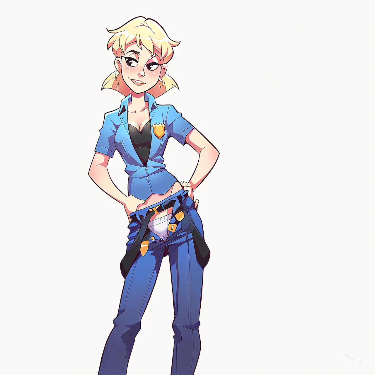 score_9, score_8_up, score_7_up, score_6_up, score_5_up, score_4_up, mirandawright, short hair, blonde hair, police uniform, solo, unzipped pants, belt undone, pants undone, underwear showing, pants down at ankles, bare legs, standing, white colored underwear