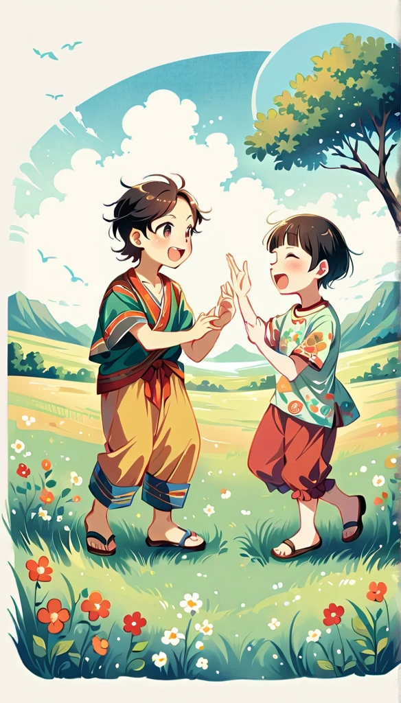 Create an image of 2 children playing. They are playing on a rice field ridge under a clear and cheerful sky. They are playing rock-paper-scissors to determine the winner. The children are wearing simple and cheerful clothing traditional balinese.