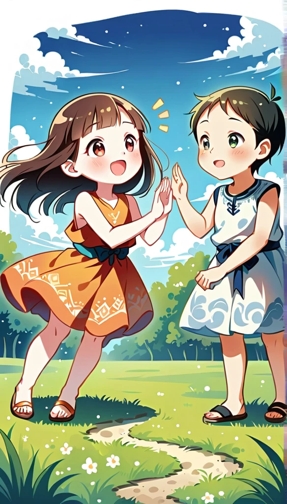 Create an image of 2 children playing. They are playing on a rice field ridge under a clear and cheerful sky. They are playing rock-paper-scissors to determine the winner. The children are wearing simple and cheerful clothing traditional balinese.