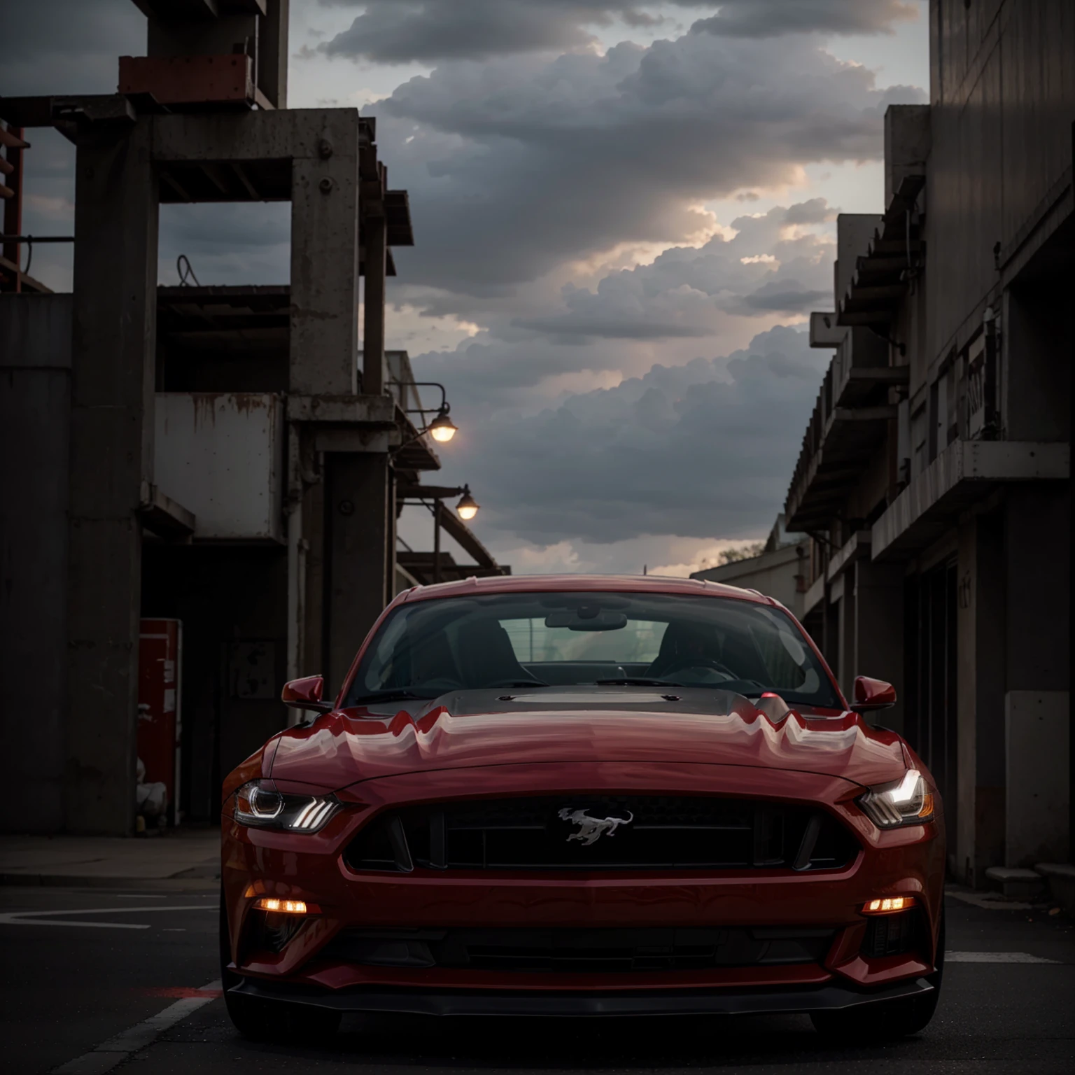 Black Mustang GTD with blood red details with headlights on 