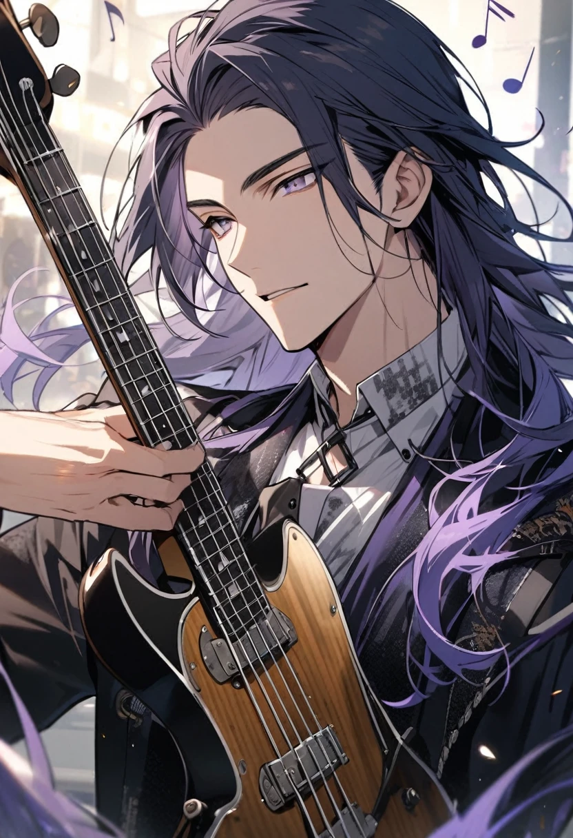 male, handsome, parted bang, long hair, navy hair, musician, purple eyes, music notes, grey eyes