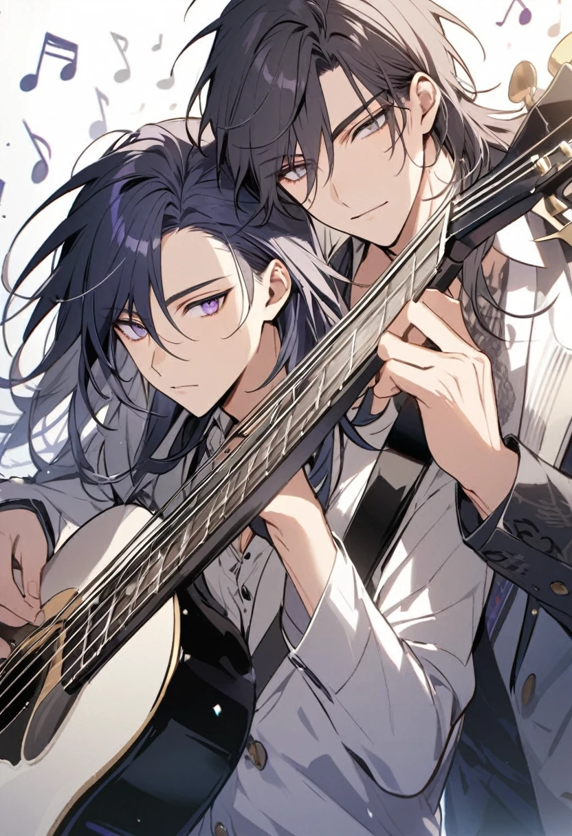 male, handsome, parted bang, long hair, navy hair, musician, purple eyes, music notes, grey eyes