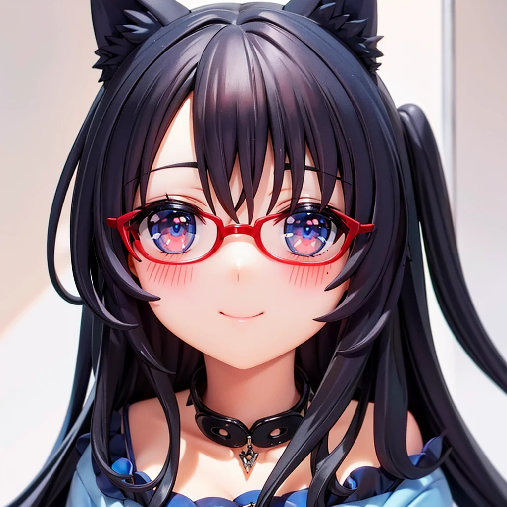 Black hair wolf ears。Blue Silk Dress。Red Glasses。Blue pupil。Smiling, looking up, blushing beautiful girl。Peeping Pose。cleavage close-up