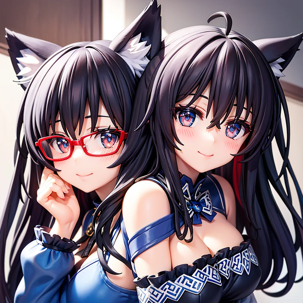 Black hair wolf ears。Blue Silk Dress。Red Glasses。Blue pupil。Smiling, looking up, blushing beautiful girl。Peeping Pose。cleavage close-up