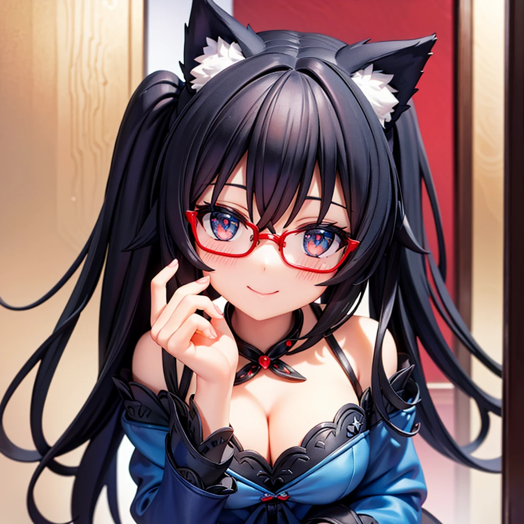 Black hair wolf ears。Blue Silk Dress。Red Glasses。Blue pupil。Smiling, looking up, blushing beautiful girl。Peeping Pose。cleavage close-up