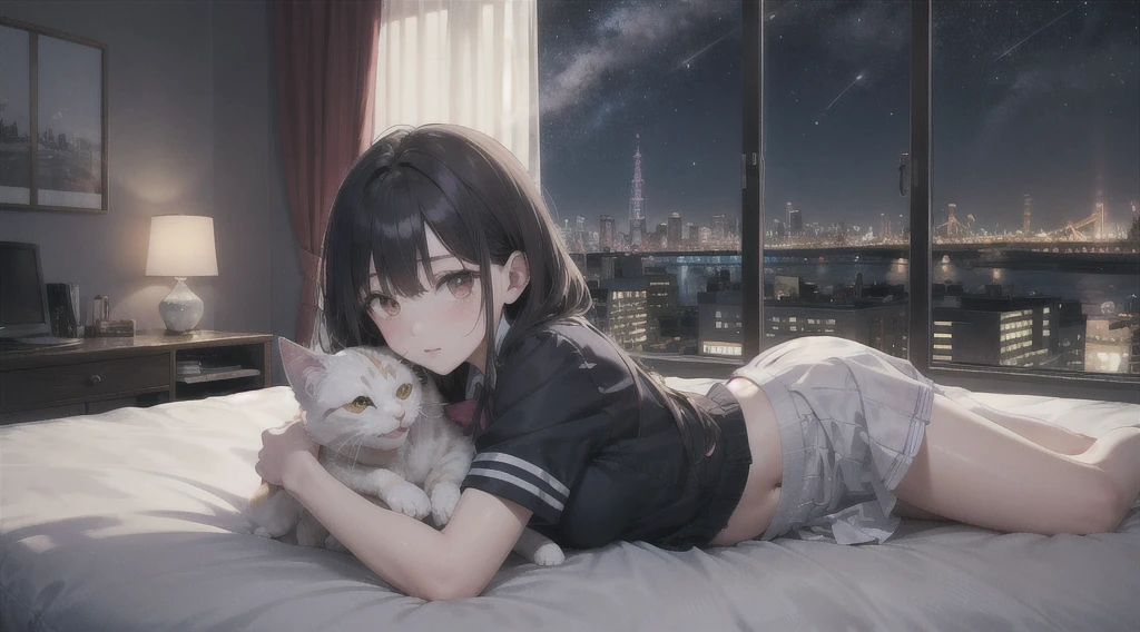Highest quality(8k)masterpiece、Time is midnight(2.0)Lying on a bed by the window, holding a cute Calico cat(2.0)、Clothing is high school uniform(1.8)The night view can be seen from the window(1.8)、A room in a high-rise apartment with very large windows(1.8)It's dim in the room.(1.8)、猫はSuper detailed、Fluffy, with each individual hair visible(2.0)、One girl、A cat、Very cute、Best Style、Hairstyle(Twin tails(1.8))The room is a high school girl's room(1.8)、There are no curtains、17age、Firm and refreshing々Fresh skin。Plump legs、eye(Super detailed 1.8)Wearing makeup(2.0)、The cat's face does not collapse(1.8)猫のeyeは自然に。窓から見える夜景はSuper detailed(1.8)eyeはしっかり描画(2.0)